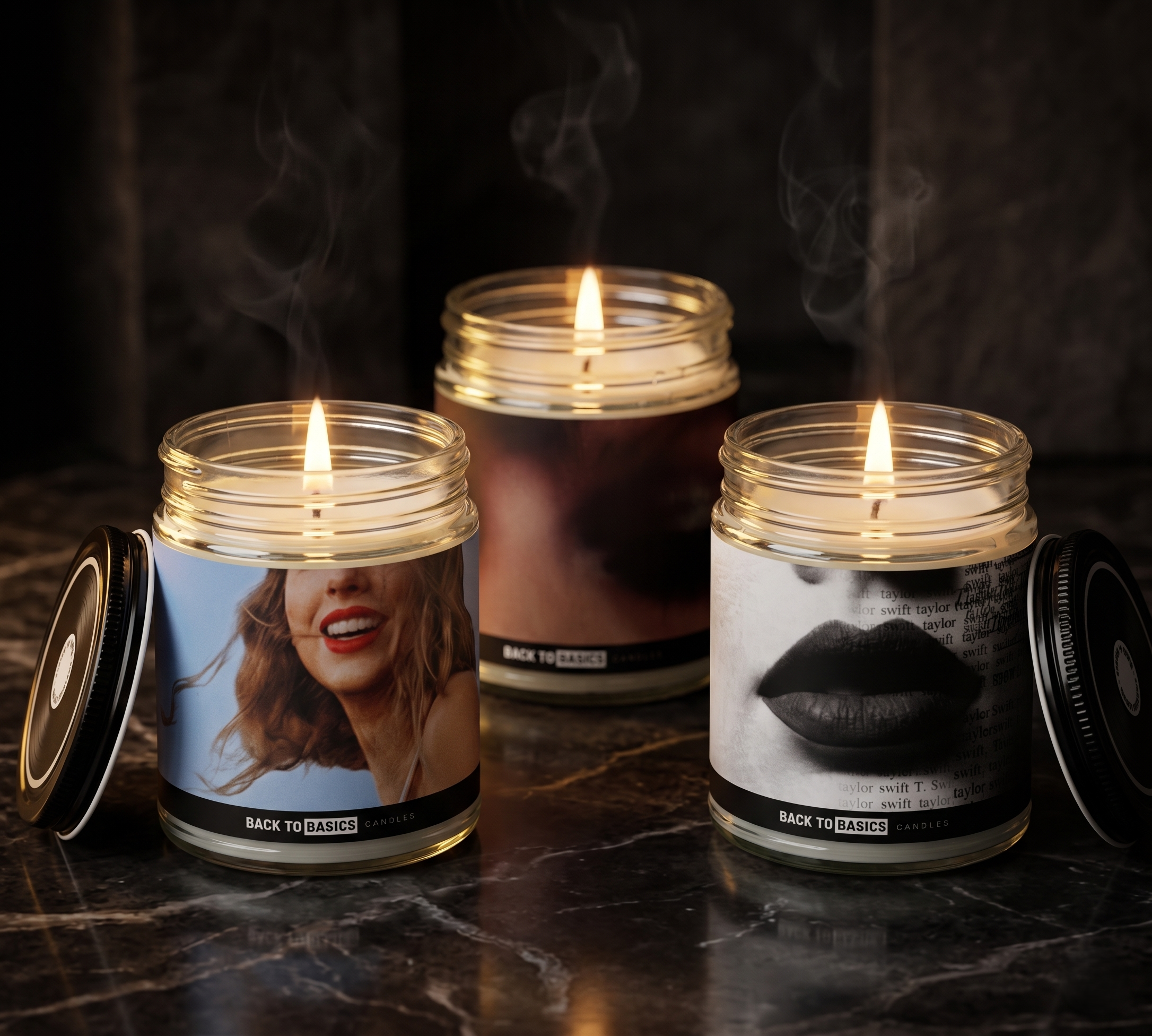 Back to Basics three era candles editorial shot with smoke